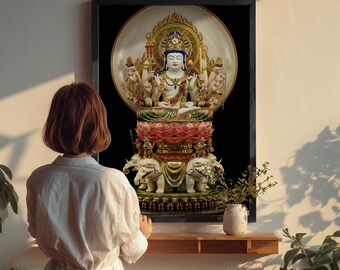 May include: A framed wall art print featuring a multi-armed deity seated in a meditative pose upon a pink lotus flower base, which is supported by white elephant figures. The artwork displays intricate gold, red, and blue details against a black background.