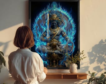 May include: A framed wall art print depicting a blue-skinned deity in a meditative pose, surrounded by vibrant blue flames. The figure wears ornate gold jewelry and a crown, holding a vertical sword in one hand and a rope in the other.