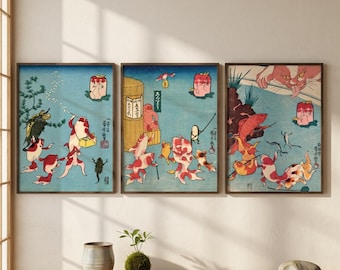 Utagawa Kuniyoshi Goldfish Triptych | Humorous Japanese Folk Art Set | Edo Period Aquatic Adventure 3 Piece Wall Art