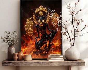 May include: A framed wall art print featuring a black, horned, humanoid figure with glowing yellow eyes crouching amidst swirling orange flames and golden cloud motifs, set against a dark background with a circular golden halo of fire.