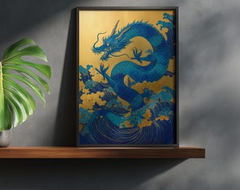 May include: Framed art print featuring a blue dragon design. The dragon is depicted with intricate details against a gold background with blue waves and clouds. The artwork is displayed on a wooden shelf.
