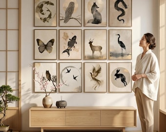 Japandi Animal Wall Art Set of 12 | Minimalist Wildlife Decor | Neutral Gold Accent Artwork | Zen Inspired Serene Gallery