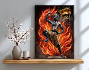 May include: Framed artwork featuring a dark-skinned figure in gold and tan attire, set against a backdrop of vibrant orange flames. The figure holds a golden object, with a golden structure in the background. The artwork is displayed on a wooden shelf.