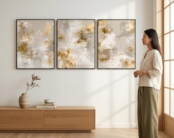 Minimalist Gold Abstract Triptych Wall Art | Modern Neutral 3 Piece Set