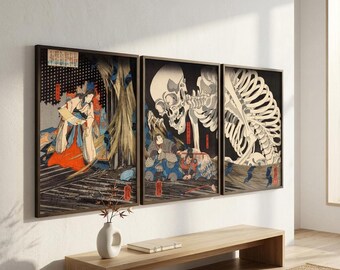 Ukiyo-e Triptych Wall Art Set - Kuniyoshi's Gashadokuro Skeleton Specter - Traditional Japanese Art 3 Piece Collection