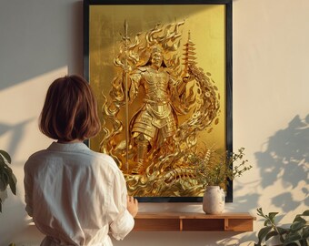 Golden Fortune Bishamonten — Deity of Wealth & Protection, Japanese Buddhist Art Print, Digital Download