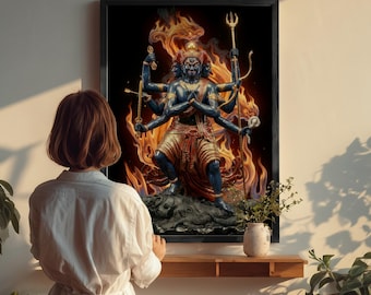 May include: A framed wall art print depicting a multi-armed blue deity with three faces standing amidst swirling orange and yellow flames. The figure wears gold-toned garments and holds various ritual implements, set against a dark background.