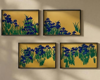 May include: Four framed art prints featuring a stylized floral design. Each print has a gold background with blue flowers and green grass. The frames are black, and the artwork is displayed on a neutral-colored wall.