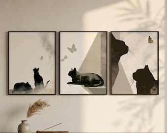 Minimalist Cat and Butterfly Art Set | Three Piece Wall Decor | Japanese Style Feline Abstract Panel