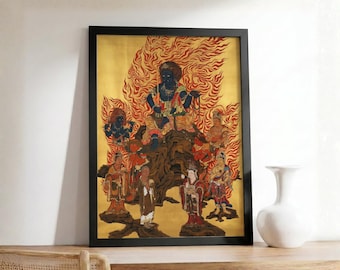 May include: Framed artwork featuring a detailed depiction of several figures in traditional attire. The central figure is a blue-skinned deity surrounded by flames, with other figures below. The artwork is set against a gold background and framed in black.