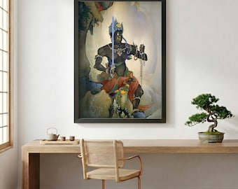 May include: Framed artwork depicting a dark-skinned figure with a blue crown and holding a glowing sword. The figure is seated, wearing ornate jewelry and draped in red and orange fabric. The artwork is in a black frame, displayed above a wooden desk.