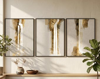 Minimalist Gold Waterfall Triptych Wall Art - Abstract Nature 3 Piece Set