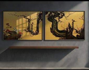 May include: Two framed Asian-style paintings with gold backgrounds. The paintings depict gnarled trees and flowering branches. One painting features red and white flowers on a rocky outcrop. The frames are black, and the paintings are displayed on a gray wall.