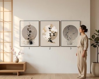 Japandi Minimalist Botanical Wall Art Set of 3 | Abstract Nature Triptych | Golden Accents Home Decor