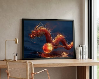 May include: Framed artwork featuring a red and orange dragon with fiery details, holding a glowing orb. The dragon is set against a dark blue background, creating a dramatic contrast. The artwork is displayed on a wooden desk.