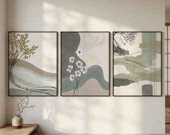 Modern Botanical Line Art Triptych - Set of 3 Abstract Earth Tone Wall Art