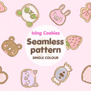 May include: A seamless pattern featuring various icing cookies on a pink background. The cookies include a panda, bunny, bear, cat, strawberry, and candy, all with detailed icing designs. The text "Icing Cookies Seamless pattern SINGLE COLOUR" is in the center.