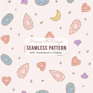 May include: A seamless pattern featuring hand-drawn gemstones in various shapes and colors, including pink, blue, and purple, with gold outlines. The design includes hearts, teardrops, and diamond shapes, along with stars and a crescent moon on a light pink background.