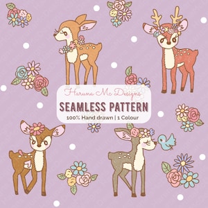 May include: A seamless pattern featuring cartoon deer with floral accents and a soft color palette. The deer are adorned with flower crowns and necklaces, surrounded by floral bouquets and white polka dots on a lavender background. The text reads "Seamless Pattern".