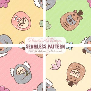 May include: A seamless pattern design with four colour blocks, each displaying repeating illustrations of Daruma dolls and other Japanese-inspired characters. The design includes the text "Haruna Mc Designs SEAMLESS PATTERN 100% Hand drawn | 4 Colour set."