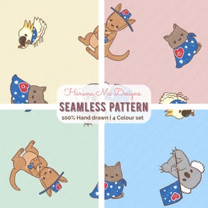May include: A seamless pattern design featuring cartoon animals, including a kangaroo, koala, and cockatoo, with Australian flag elements. The design is hand-drawn and available in a 4-color set. The text "Haruna Mc Designs" and "SEAMLESS PATTERN" are also visible.