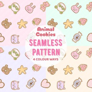 Puede incluir: Un diseño de patrón sin costuras con varias galletas con forma de animales, incluyendo pandas, conejos, osos y fresas. Las galletas están en cuatro variaciones de color, con un fondo rosa, verde claro y beige. El texto "Animal Cookies SEAMLESS PATTERN 4 COLOUR WAYS" está en el centro.