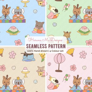 Könnte beinhalten: Ein nahtloses Musterdesign mit Cartoon-Tieren in japanischen Outfits, darunter ein Koala, ein Papagei und ein Hund. Das handgezeichnete Design ist in vier Farbsets erhältlich, mit dem Text "Haruna Mc Designs SEAMLESS PATTERN".