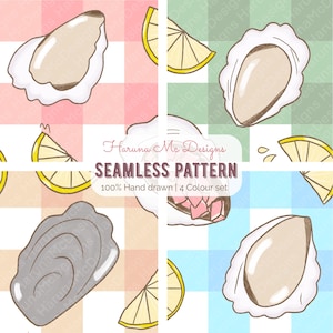 May include: A seamless pattern design featuring hand-drawn illustrations of oysters and lemon slices. The design includes four color sets and the text "Haruna Mc Designs SEAMLESS PATTERN 100% Hand drawn | 4 Colour set". The background is a checkered pattern.