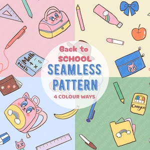 Może przedstawiać: Bezszwowy wzór z ilustracjami o tematyce szkolnej, w tym plecak, ołówek i jabłko. Wzór zawiera tekst "Back to School Seamless Pattern" i jest dostępny w czterech wariantach kolorystycznych.
