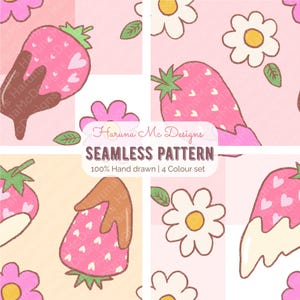 May include: A seamless pattern design featuring strawberries with heart details, flowers, and leaves in a four-color set. The text "Haruna Mc Designs" and "SEAMLESS PATTERN" are also visible.