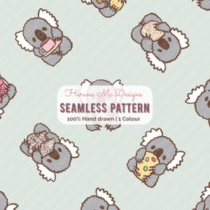 Puede incluir: Patrón sin costuras con koalas de dibujos animados en varias poses, algunos sosteniendo comida y bebidas. Los koalas son grises con detalles blancos, sobre un fondo verde claro. El diseño incluye el texto "Haruna Mc Designs SEAMLESS PATTERN 100% Hand drawn | 1 Colour".