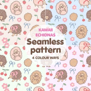 May include: A seamless pattern featuring illustrations of echidnas, strawberries, cherries, flowers, and hearts in four different color backgrounds. The text KAWAII ECHIDNAS Seamless pattern 4 COLOUR WAYS is centered over the four repeating designs.
