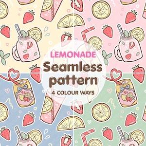 Op de afbeelding: Een naadloos patroon met illustraties van aardbeienlimonade in mason jars en blikjes, citroenschijfjes en aardbeien. Het ontwerp bevat de tekst LEMONADE Seamless pattern 4 COLOUR WAYS in een raster met gele, roze, blauwe en groene achtergronden.