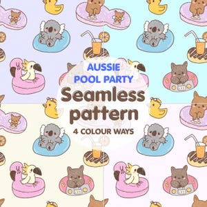 May include: A seamless pattern featuring cartoon koalas, cockatoos, and wombats in pool floats, yellow rubber ducks, and drinks on doughnuts. The text reads AUSSIE POOL PARTY Seamless pattern 4 COLOUR WAYS. The design is presented in four distinct pastel colour backgrounds.