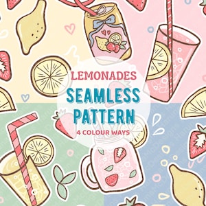 Pink Limonade Muster, Kawaii Hand gezeichnet Digitales Papier, bunte Zitrone und Erdbeere Obst Getränke, Stoff für Kinder, 4 Farben-Set
