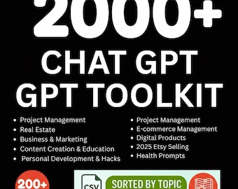 May include: Black graphic with white text: "2000+ CHAT GPT GPT TOOLKIT." Includes bullet points listing topics like project management, e-commerce, and digital products. Features a red circle with "200+ Topics" and a green banner with "SORTED BY TOPIC INSTANT DOWNLOAD."