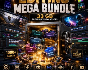 33GB Video Editing Bundle | 1000+ Cinematic Effects, LUTs, Transitions (Digital Download)