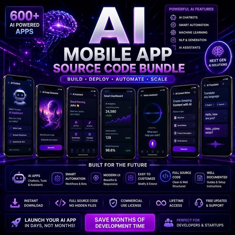 May include: A promotional image for an AI mobile app source code bundle. The image features six smartphones displaying various AI app interfaces, including chatbots and language translation. Text includes "600+ AI Powered Apps" and "Build, Deploy, Automate, Scale."