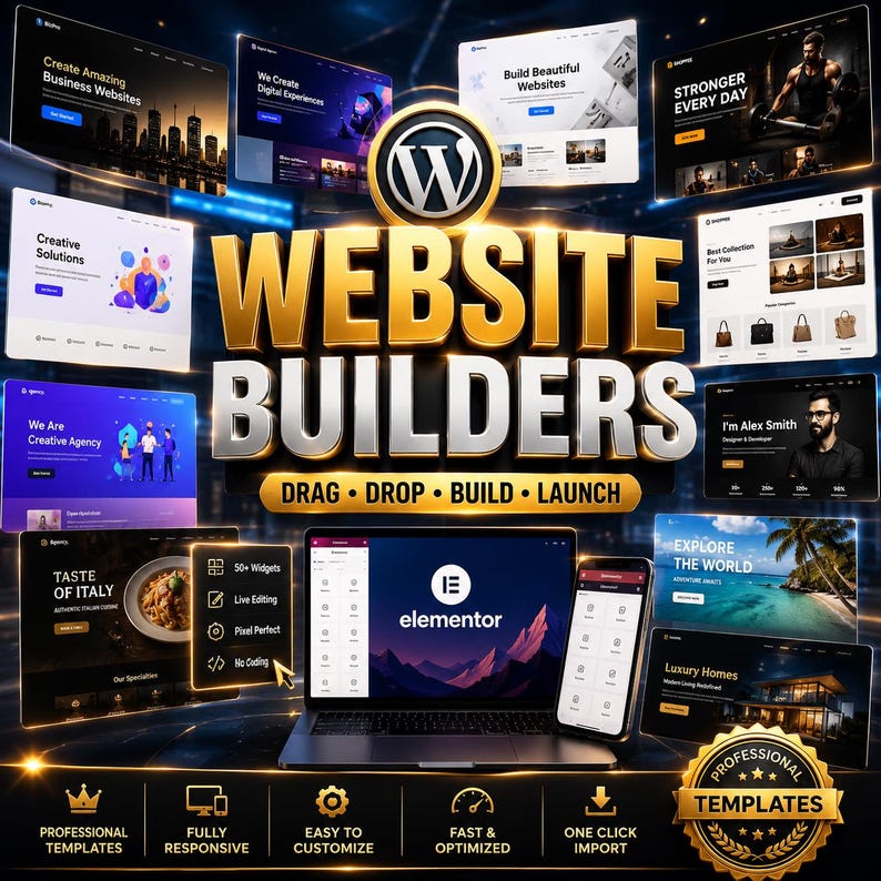 K&ouml;nnte beinhalten: Eine digitale Grafik mit dem Text WEBSITE BUILDERS in gro&szlig;en goldenen und silbernen 3D-Buchstaben, umgeben von verschiedenen Website-Interface-Vorschauen, einem Laptop mit dem Elementor-Logo, einem Smartphone und Symbolen f&uuml;r Vorlagen.