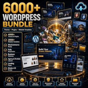 May include: A digital product bundle featuring 6000+ WordPress themes, plugins, and website templates. The display shows a computer monitor, laptop, tablet, and smartphone with various website layouts, a golden vault graphic, and icons for HTML5 and CSS3.