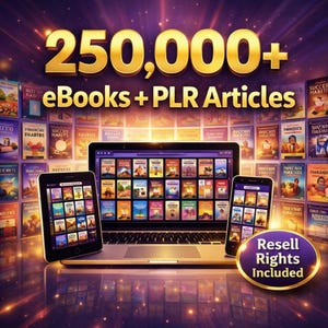 Puede incluir: Imagen digital que muestra una computadora portátil, una tableta y un teléfono inteligente que muestran portadas de libros electrónicos. El texto "250,000+ eBooks + PLR Articles" es visible. Un banner dice "Resell Rights Included."