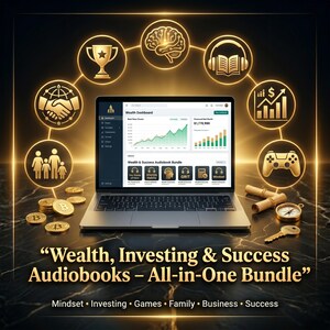 May include: A laptop displaying a financial dashboard, surrounded by gold icons representing success. The screen shows a graph and financial data. The text reads "Wealth, Investing & Success Audiobooks - All-in-One Bundle". Gold coins are scattered around the laptop.