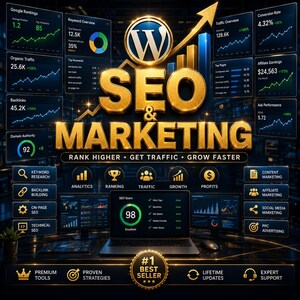 K&ouml;nnte beinhalten: Eine digitale Grafik mit dem goldenen Text SEO & MARKETING und dem WordPress-Logo dar&uuml;ber. Um den zentralen Laptop, der einen SEO-Score von 98 anzeigt, sind verschiedene Datendiagramme, Analyse-Panels und Symbole f&uuml;r Keyword-Recherche angeordnet.