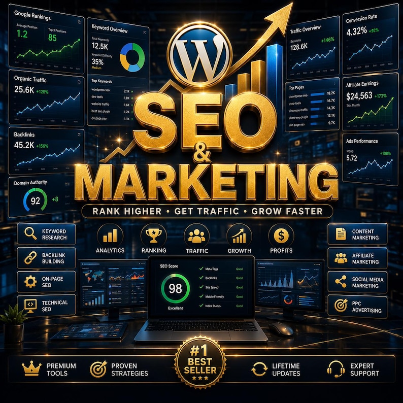 K&ouml;nnte beinhalten: Eine digitale Grafik mit dem goldenen Text SEO & MARKETING und dem WordPress-Logo dar&uuml;ber. Um den zentralen Laptop, der einen SEO-Score von 98 anzeigt, sind verschiedene Datendiagramme, Analyse-Panels und Symbole f&uuml;r Keyword-Recherche angeordnet.