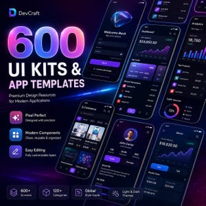 May include: A promotional image for DevCraft featuring 600 UI Kits & App Templates. The design resources are for modern applications. The image shows several mobile app screens with financial data, user profiles, and e-commerce layouts. The image also highlights features like pixel-perfect design and easy editing.