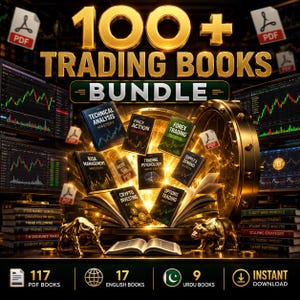 May include: A digital bundle of 100+ trading books featuring gold text that reads 100+ TRADING BOOKS BUNDLE. The image displays multiple book covers with titles like Technical Analysis Mastery, Forex Trading Secrets, and Crypto Investing Mastery.