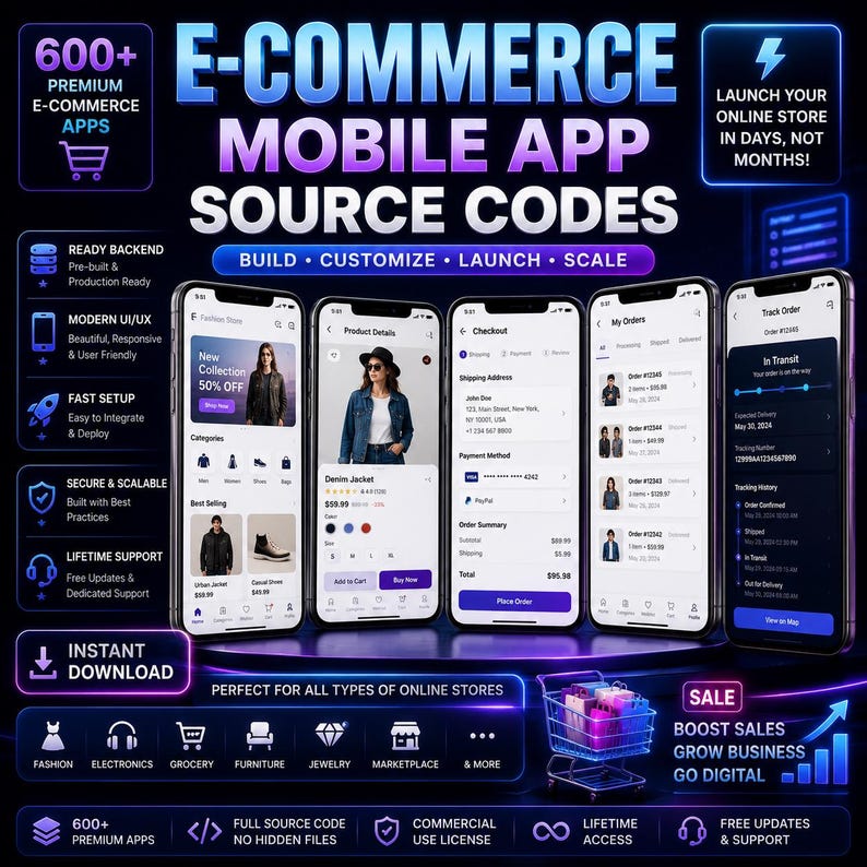 May include: A promotional image for e-commerce mobile app source codes. The graphic features several smartphones displaying app interfaces, with text highlighting features like ready backend, fast setup, and lifetime support. The image also includes the text "Perfect for all types of online stores."