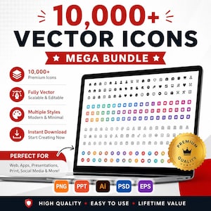 May include: A laptop displays a collection of vector icons, with the text "10,000+ VECTOR ICONS MEGA BUNDLE." The screen shows various icons in different colors. Additional text includes "Premium Quality," "High Quality," and "Easy to Use."