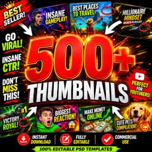500+ YouTube Thumbnail Templates PSD | Editable Photoshop Pack for Gaming, Vlogs, Business | Instant Download