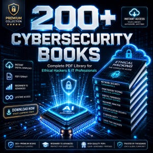 Puede incluir: Un gráfico digital que promociona una colección de más de 200 libros de ciberseguridad. La imagen presenta una pila de libros con títulos como "Ethical Hacking" y "Network Security". El diseño incluye una placa de circuito azul brillante y el texto "Descargar ahora".